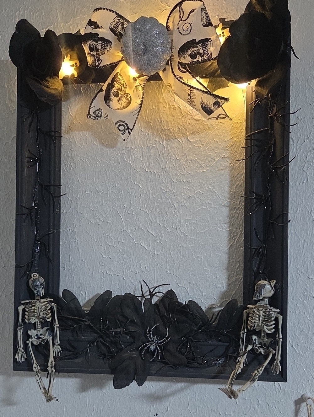 Lighted Black Halloween Decorative Wall Frame W Skeleton Accents 15 X 12 X 1.5